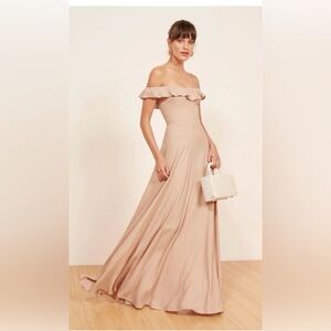 Reformation Verbena Maxi Gown Floor Length Ruffled Off Shoulder in Beige Size 2